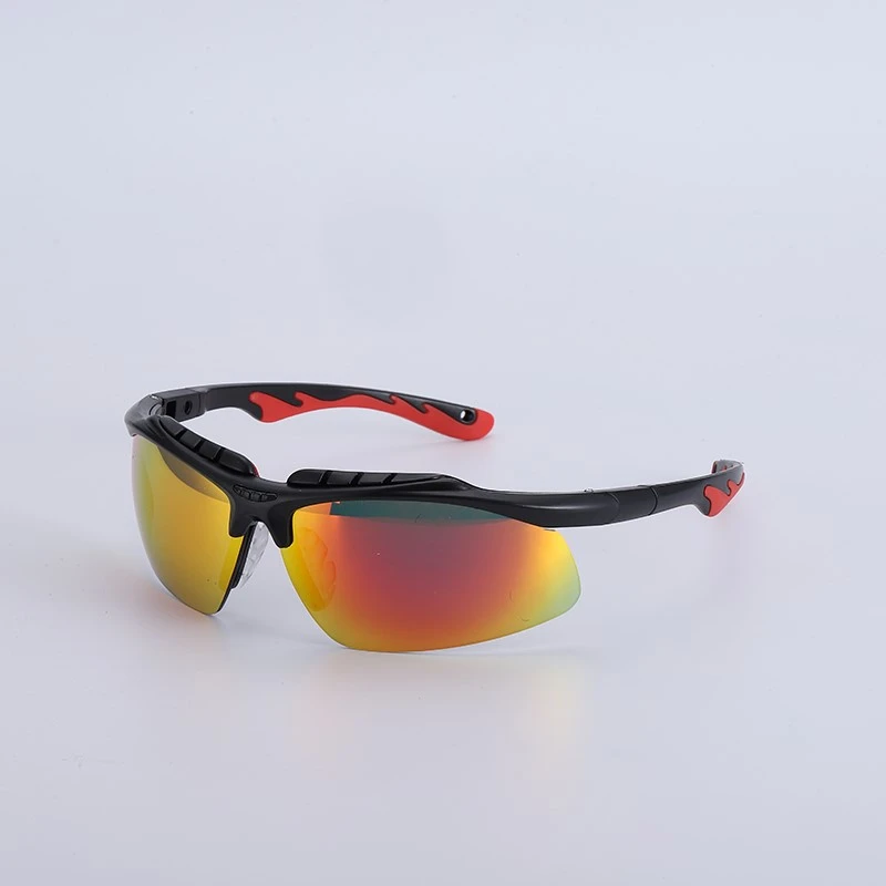 Red-fire mirrored safety sunglasses with half-frame design and anti-slip red-black temple grips - polarized protective eyewear for high-glare outdoor environments and sports activities Red-fire mirrored safety sunglasses with half-frame design and anti-slip red-black temple grips - polarized protective eyewear for high-glare outdoor environments and sports activities