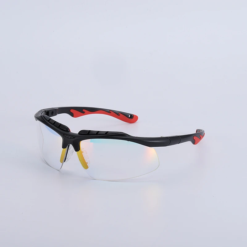 Clear lens safety glasses with yellow nose pad and black-red sport frame - anti-fog protective eyewear for indoor workshop, lab work, and low-light industrial applications Clear lens safety glasses with yellow nose pad and black-red sport frame - anti-fog protective eyewear for indoor workshop, lab work, and low-light industrial applications